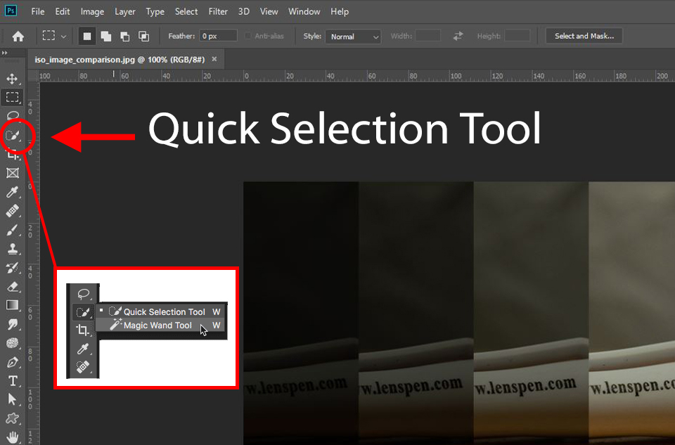 Photoshop work space showing where to find the Quick Selection Tool