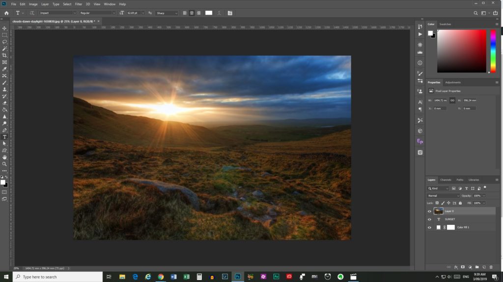 clipping mask in photoshop - a screen shot of Photoshop CC with a sunset photo.