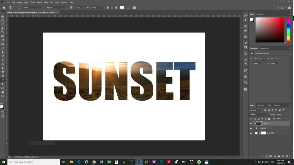 clipping in mask photoshop - a screen shot of Photoshop CC with the word sunset on white background