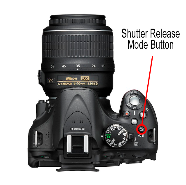how to take sharp photos - top view of a nikon d5200 DSLR with continuous shutter release button highlighted