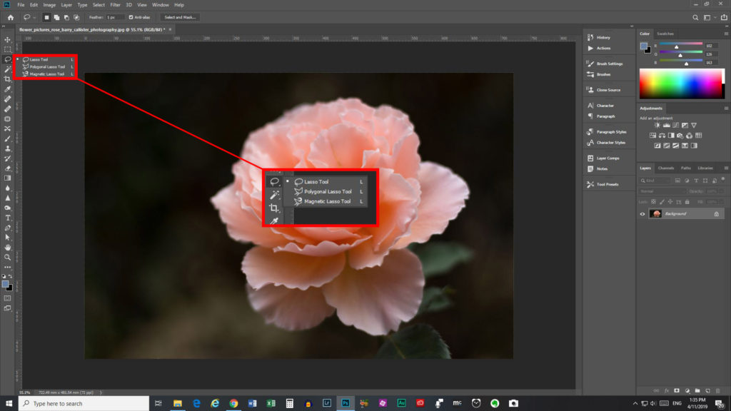 image of the photoshop work space showing the three lasso tool options