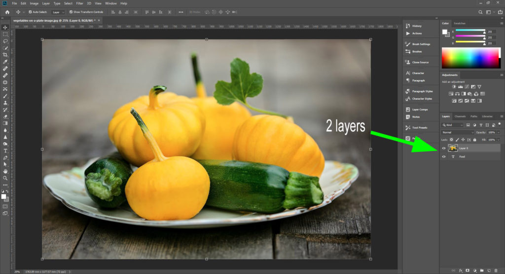 what is a clipping mask in photoshop - screen shot of photoshop showing a plate of vegetables