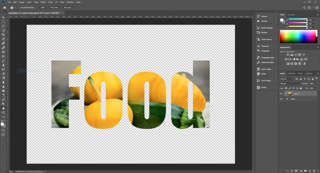 what is a clipping mask in photoshop - screen shot of photoshop showing the word Food with an image showing through the text