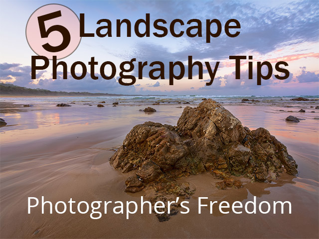 6 great photography tips blog posts - beach photo with a rock in the foreground and 5 Landscape Photography Tips text