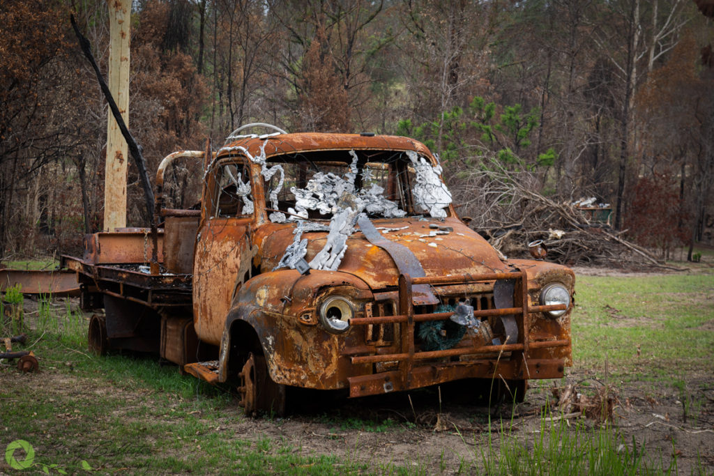 an old truck burnt in the Australian bushfires