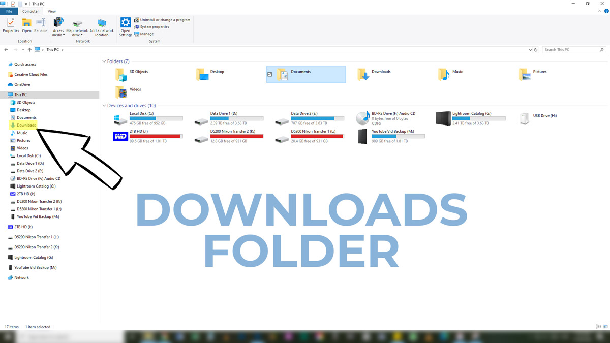 install actions Photoshop - a screen shot showing where to find the Downloads folder in File Explorer